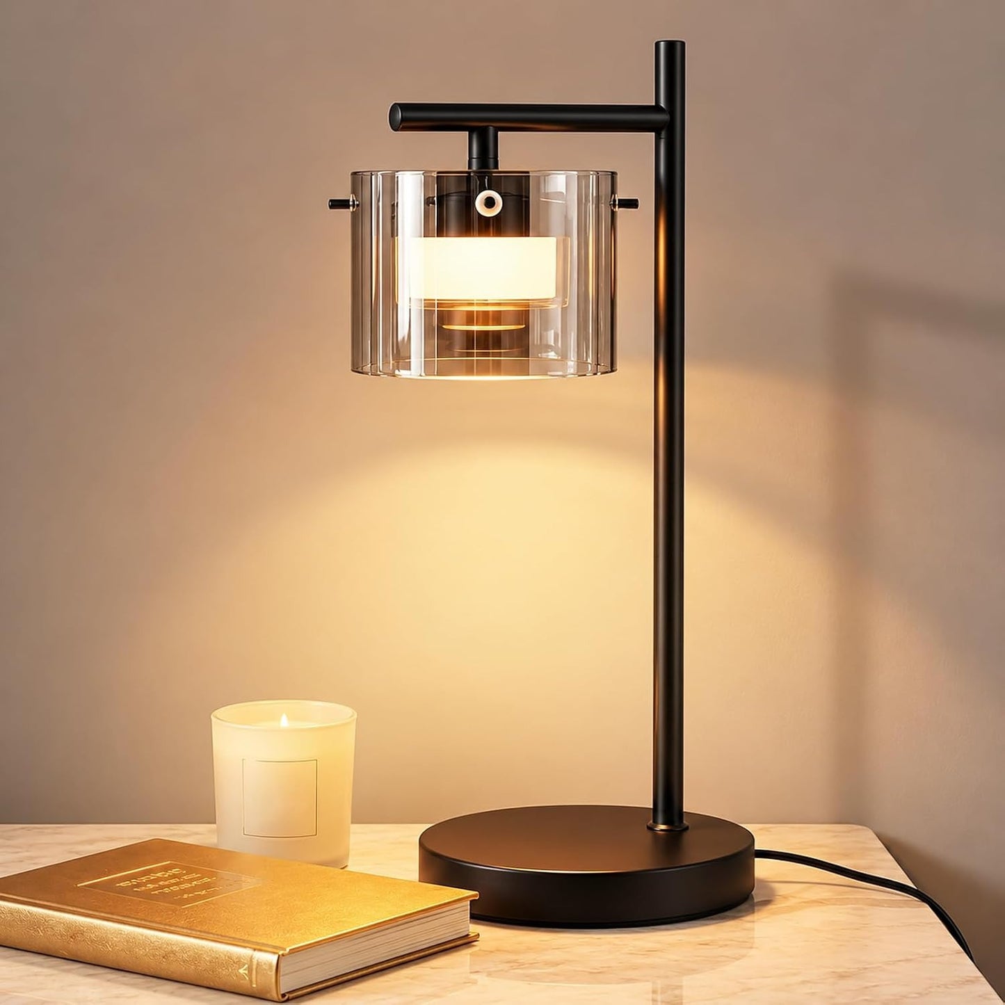 ZMH LED Tischlampe mit kabel: Schwarz Nachttischlampe aus Rauchglas und