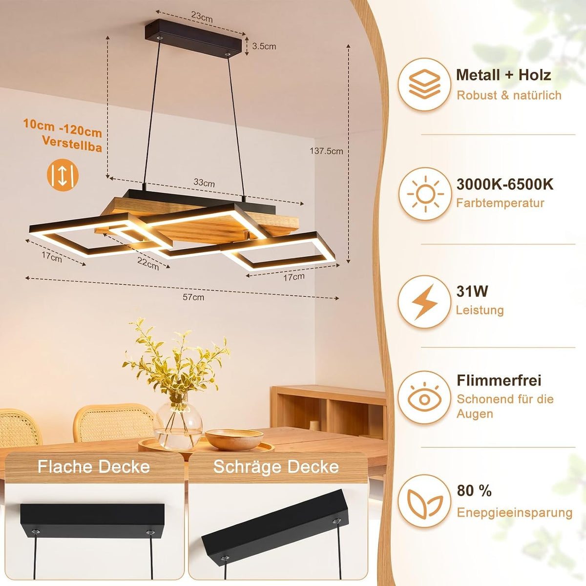 ZMH Pendelleuchte Esstisch Hängelampe Holz Esszimmerlampe Moderne Dimmbar