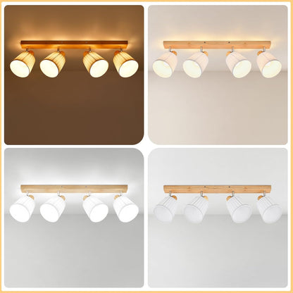 ZMH Deckenstrahler 4 Flammig Holz Deckenleuchte Deckenlampe Vintage | Schlafzimmerlampe E14 Boho mit Weiß Stoffschirm Retro drehbar 350°