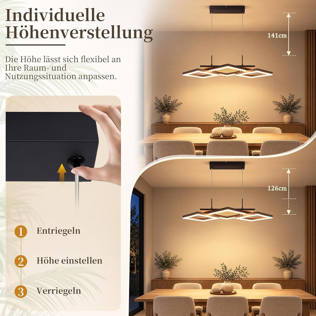 ZMH Pendelleuchte Esstisch LED Hängelampe 3-Rauten-Design Holzoptik 58cm