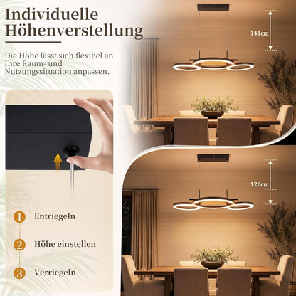 ZMH Pendelleuchte Esstisch 3-Ring-Design LED Hängelampe Holzoptik 58cm