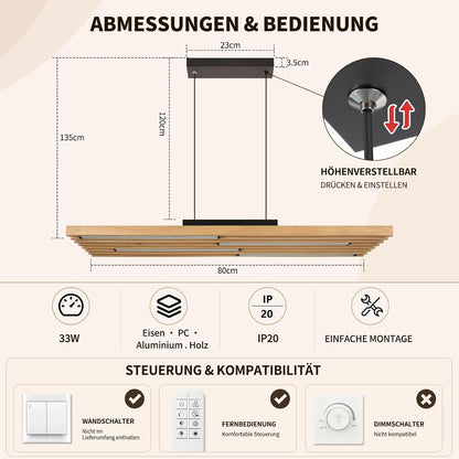 ZMH Pendelleuchte esstisch Holz 33W Hängelampe dimmbar mit Fernbedienung
