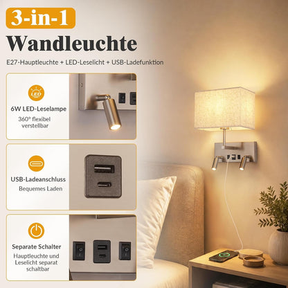 ZMH Wandleuchte innen mit Schalter Modern E27 Stoffschirm Design Wandlampe