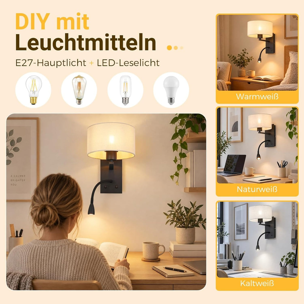 ZMH Wandleuchte Innen mit USB Anschluss Leselampe E27 Stoffschirm Schwarz