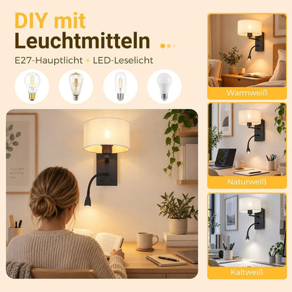 ZMH Wandleuchte Innen mit USB Anschluss Leselampe E27 Stoffschirm Schwarz