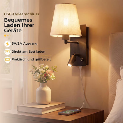 ZMH Wandleuchte mit USB-Ladeanschluss Leselampe E14 Stoffschirm Schwarz
