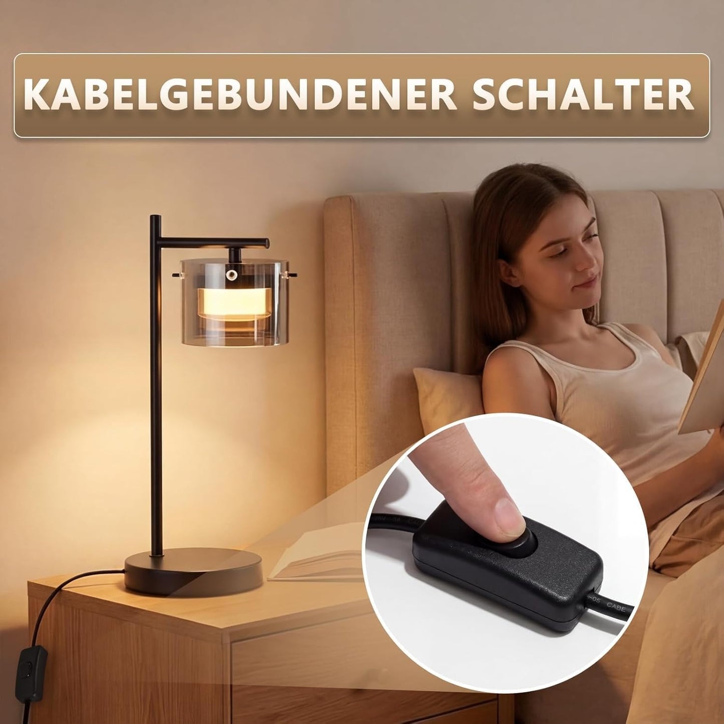 ZMH LED Tischlampe mit kabel: Schwarz Nachttischlampe aus Rauchglas und