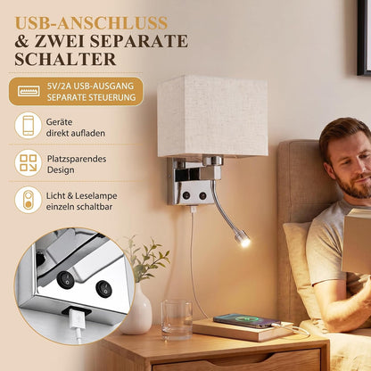 ZMH LED Wandleuchte Innen mit USB-Ladeanschluss und 2W Leselampe