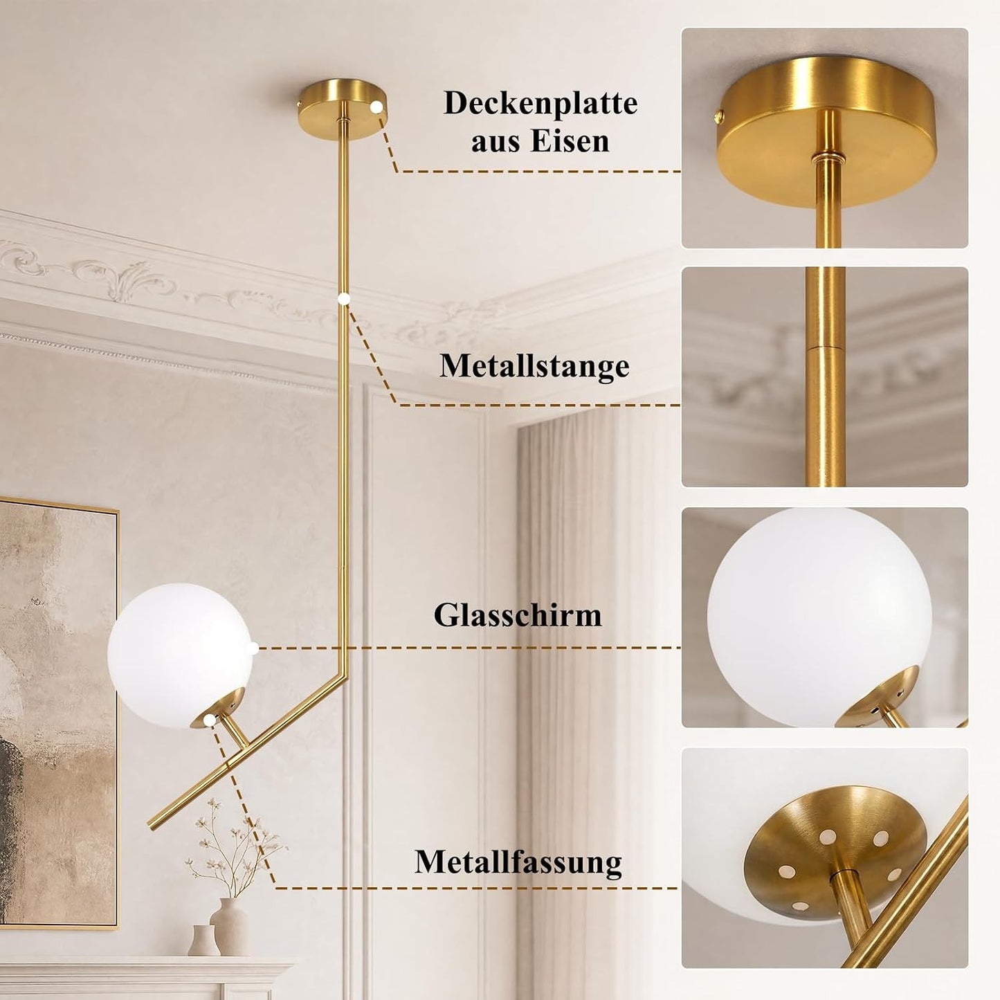 ZMH Gold Pendelleuchte Esstisch 1 Flammig Modern Hängelampe Schlafzimmer