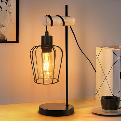 ZMH Tischlampe Wohnzimmer Holz Tischleuchte Vintage: Schwarz Nachttischlampe 1 flammig im Industrial Design aus Metall E27 Fassung Retro Nachttischleuchte