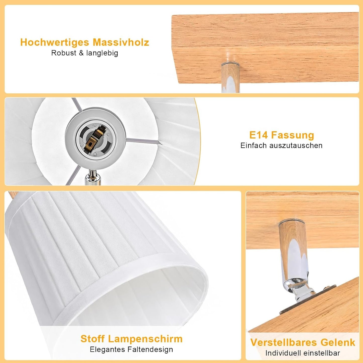 ZMH Deckenstrahler 4 Flammig Holz Deckenleuchte Deckenlampe Vintage | Schlafzimmerlampe E14 Boho mit Weiß Stoffschirm Retro drehbar 350°
