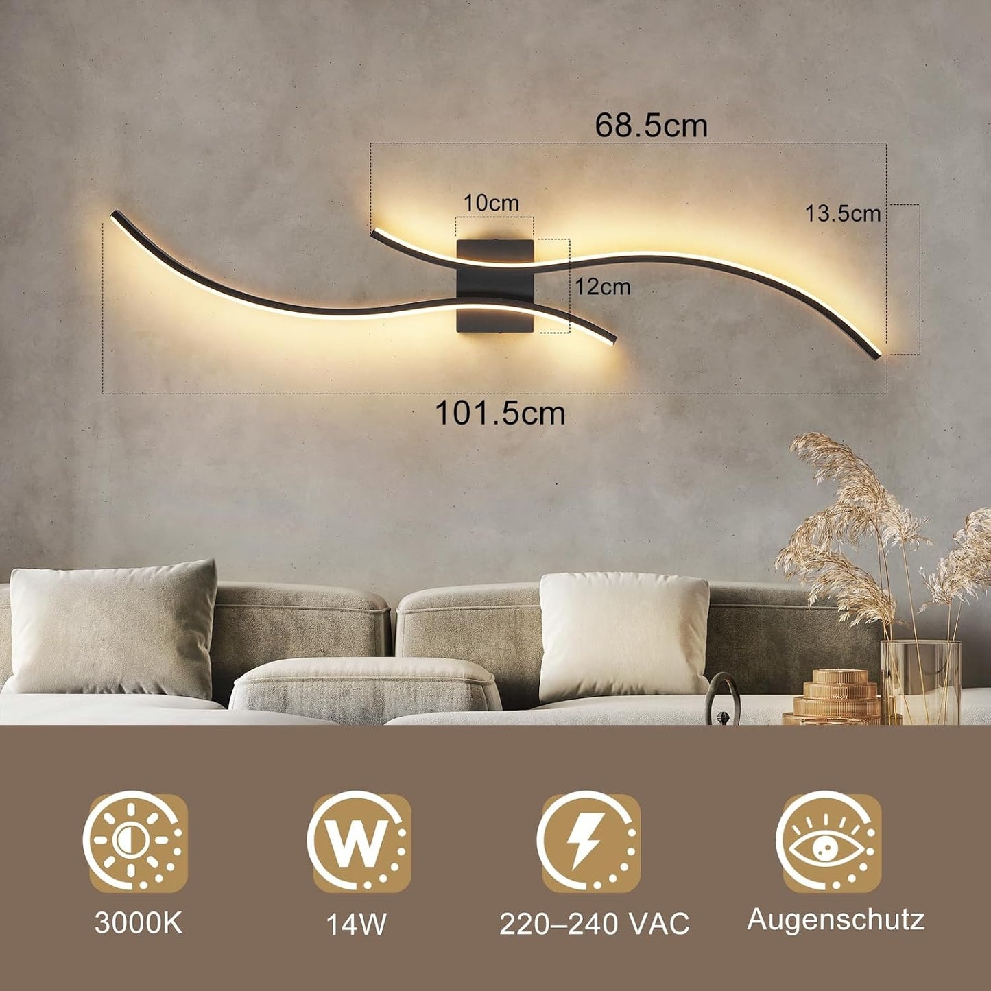 ZMH LED Wandleuchte Innen 100cm - 14W Wandlampe Schwarz Flurlampe Wand | Modern Design 3000K Warmweiß Minimalistische Wandbeleuchtung