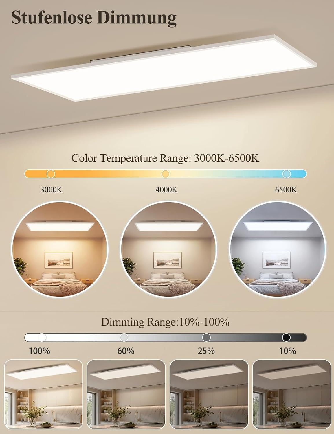 ZMH  LED Deckenleuchte 100x25cm-120x30cm Deckenlampe Panel Stufenlos Dimmbar Weiß