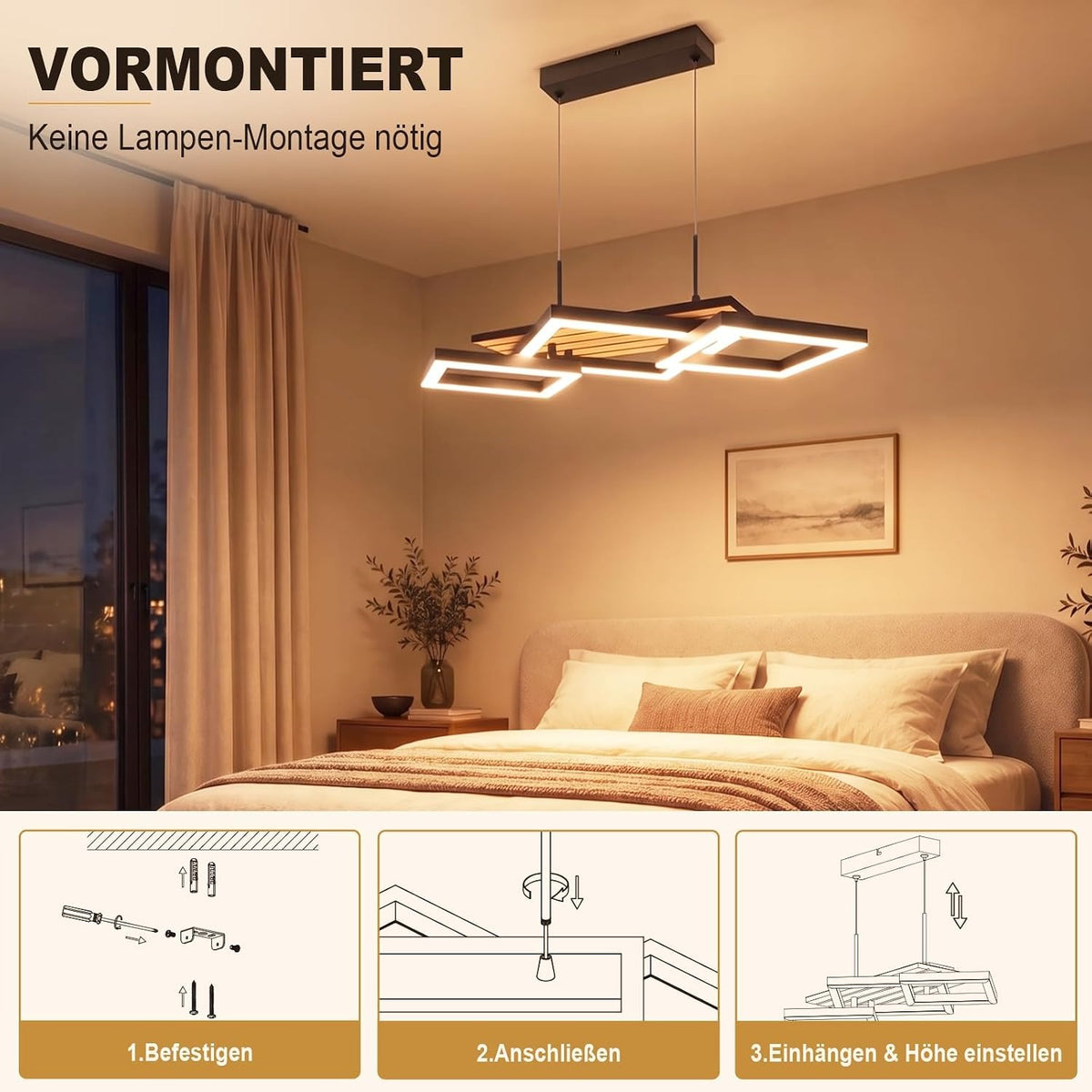 ZMH Pendelleuchte Esstisch LED Hängelampe 3-Rauten-Design Holzoptik 58cm