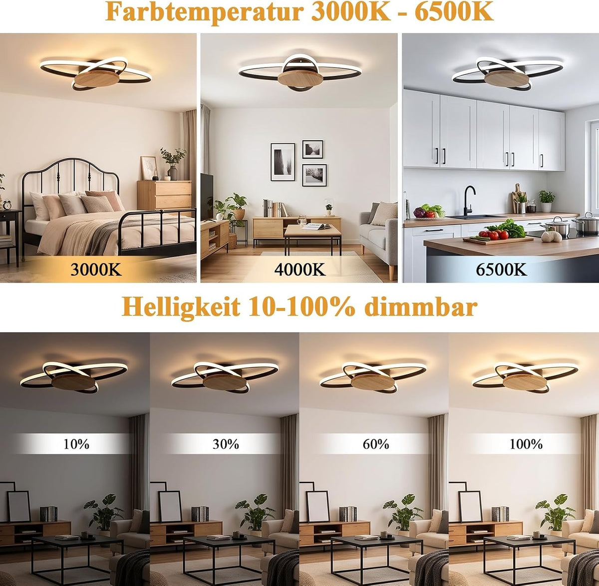 ZMH Deckenlampe LED Holz Deckenleuchte Wohnzimmer 37W Schwarz Küchenlampe