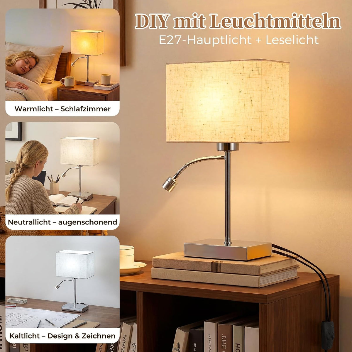 ZMH Schreibtischlampen mit Kabel E27 Tischlampe mit LED Leselampe