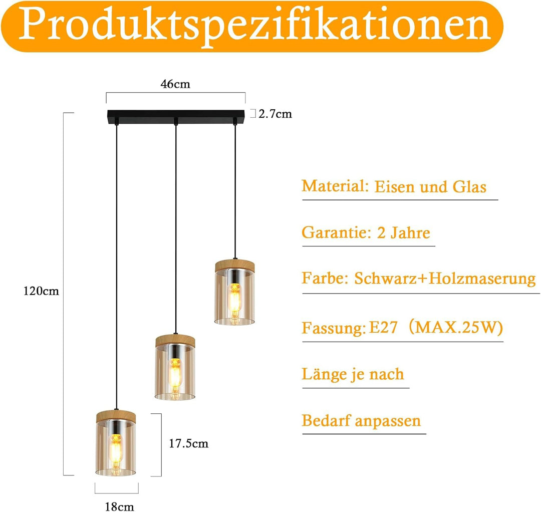 ZMH Pendelleuchte Esstisch Esszimmerlampe Vintage- Hängelampe E27 | Wohnzimmer Glas Esstischlampe Retro 3 Flammig Hängeleuchte Schlafzimmer Pendellampe Höhenverstellbar Küche ohne Leuchtmittel