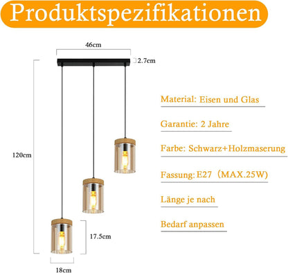 ZMH Pendelleuchte Esstisch Esszimmerlampe Vintage- Hängelampe E27 | Wohnzimmer Glas Esstischlampe Retro 3 Flammig Hängeleuchte Schlafzimmer Pendellampe Höhenverstellbar Küche ohne Leuchtmittel
