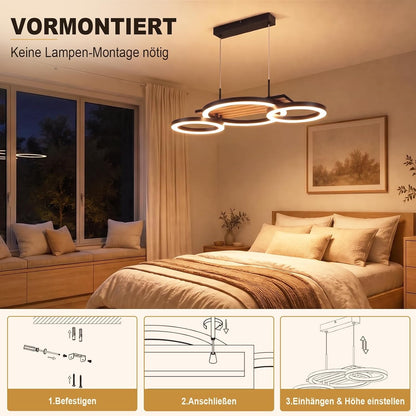 ZMH Pendelleuchte Esstisch 3-Ring-Design LED Hängelampe Holzoptik 58cm