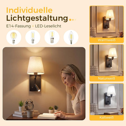 ZMH Wandleuchte mit USB-Ladeanschluss Leselampe E14 Stoffschirm Schwarz