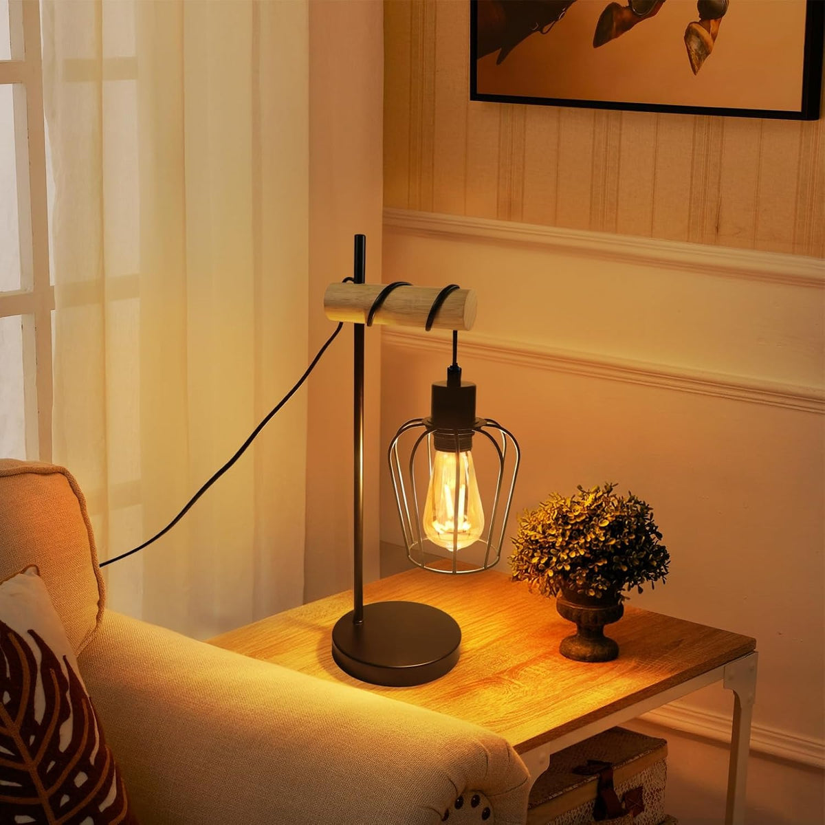 ZMH Tischlampe Wohnzimmer Holz Tischleuchte Vintage: Schwarz Nachttischlampe 1 flammig im Industrial Design aus Metall E27 Fassung Retro Nachttischleuchte