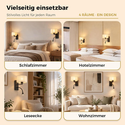 ZMH Wandleuchte Innen mit USB Anschluss Leselampe E27 Stoffschirm Schwarz