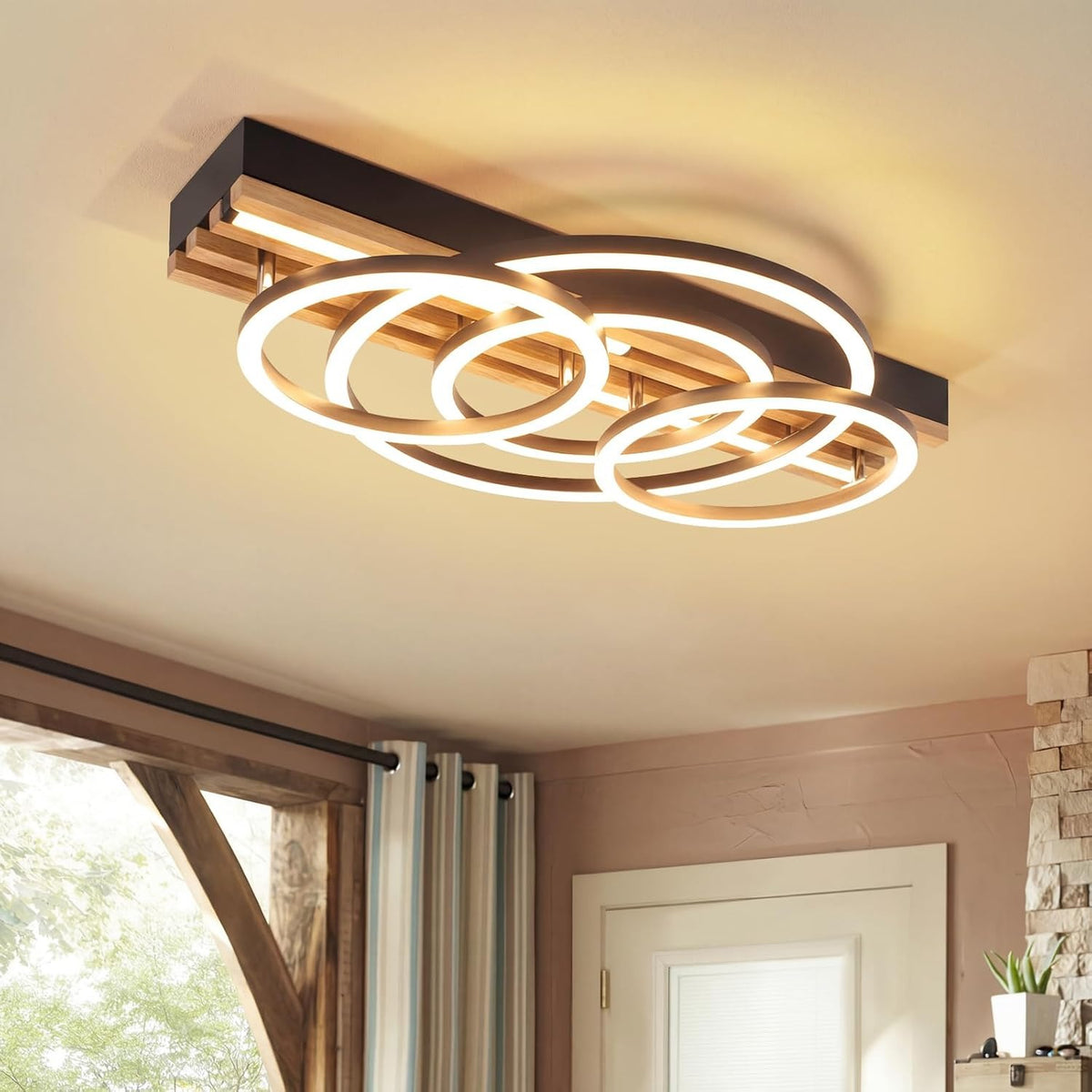 ZMH  LED Deckenleuchte Holz Dimmbar 50cm Deckenlampe Wohnzimmerlampe Modern