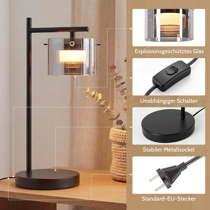ZMH LED Tischlampe mit kabel: Schwarz Nachttischlampe aus Rauchglas und