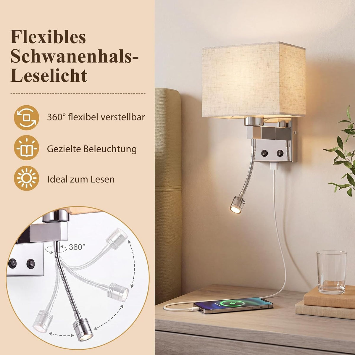 ZMH LED Wandleuchte Innen mit USB-Ladeanschluss und 2W Leselampe