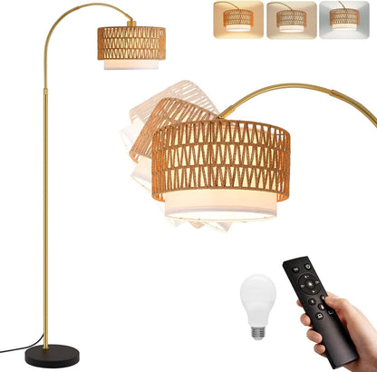 ZMH Gold Bogenlampe Wohnzimmer boho Stehlampe Rattan 3000K - 6500K