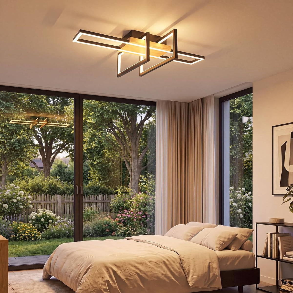 ZMH LED Deckenleuchte Wohnzimmer Holz Deckenlampe Schwarz Schlafzimmerlampe