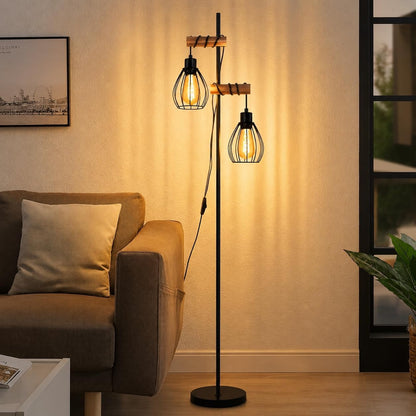 ZMH Vintage Stehlampe Holz Stehleuchte Wohnzimmer Schwarz aus Metall