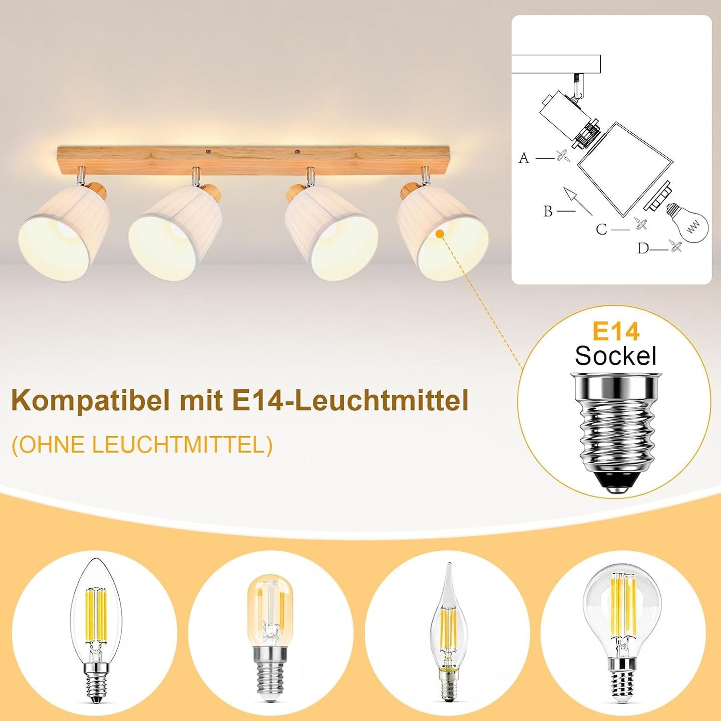 ZMH Deckenstrahler 4 Flammig Holz Deckenleuchte Deckenlampe Vintage | Schlafzimmerlampe E14 Boho mit Weiß Stoffschirm Retro drehbar 350°