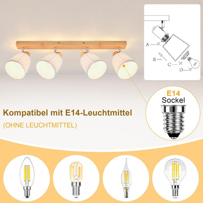 ZMH Deckenstrahler 4 Flammig Holz Deckenleuchte Deckenlampe Vintage | Schlafzimmerlampe E14 Boho mit Weiß Stoffschirm Retro drehbar 350°