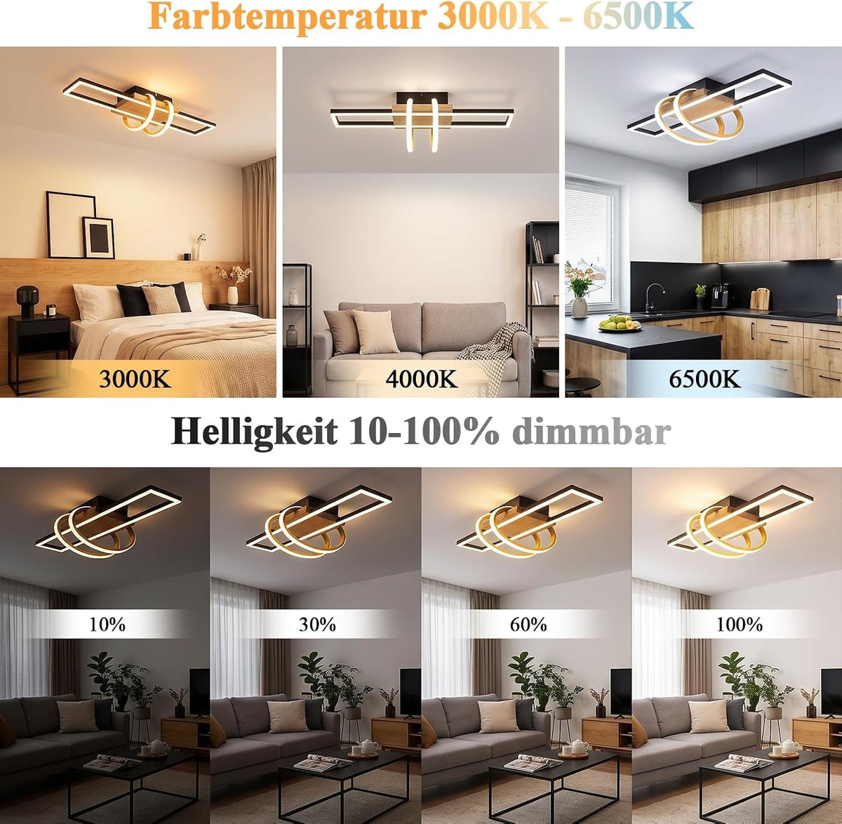 ZMH Deckenlampe LED Deckenleuchte Schlafzimmer Holz Schwarz Wohnzimmerlampe