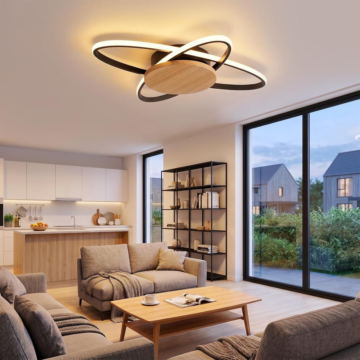 ZMH Deckenlampe LED Holz Deckenleuchte Wohnzimmer 37W Schwarz Küchenlampe