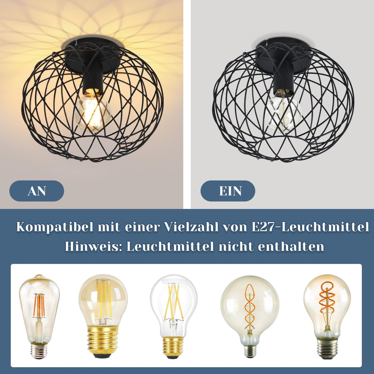 ZMH Deckenleuchte Schwarz Flurlampe Metall - Deckenlampe E27 Retro Runde Vintage Lampenschirm Industrial für Gang Korride Wohnzimmer Schlafzimmer Küche (Ohne Leuchtmittel Max.40W) 30CM