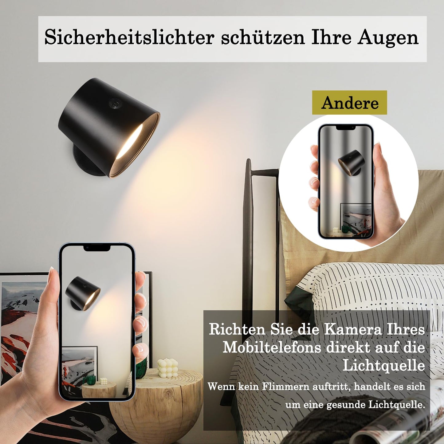 ZMH Wandlampe LED Wandleuchte Innen: Wandlampe mit akku ohne Stromanschluss mit Touch Dimmbar 360° drehbar Leselampe Schwarze Kabellose Wandlicht ohne bohren für Schlafzimmer Flur