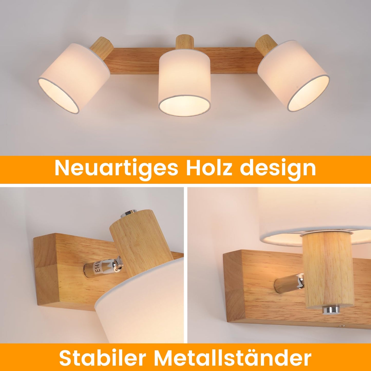 ZMH Deckenleuchte 3 Flammig Deckenlampe Flur - Deckenstrahler Modern Holz Deckenspot Wandstrahler Schwenkbar 350° E14 MAX.25W lampe für Wohnzimmer Schlafzimmer Küche (ohne Leuchtmittel)