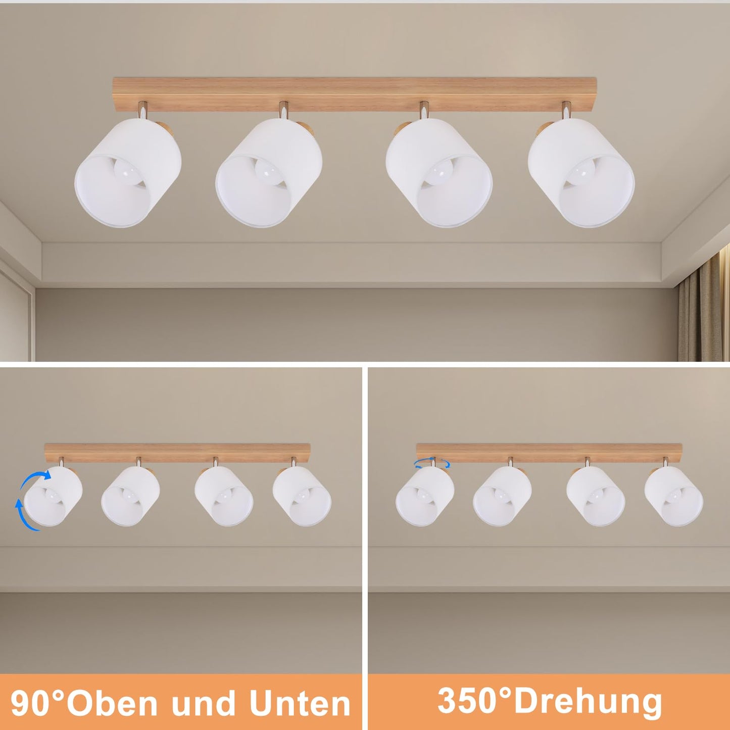 ZMH Deckenstrahler 4 Flammig Deckenlampe Wohnzimmer - Holz Deckenleuchte Modern Deckenspot E14 Schwenkbar 350° MAX.25W küchenlampe Stoffschrim für Schlafzimmer Küche Flur (ohne Leuchtmittel)