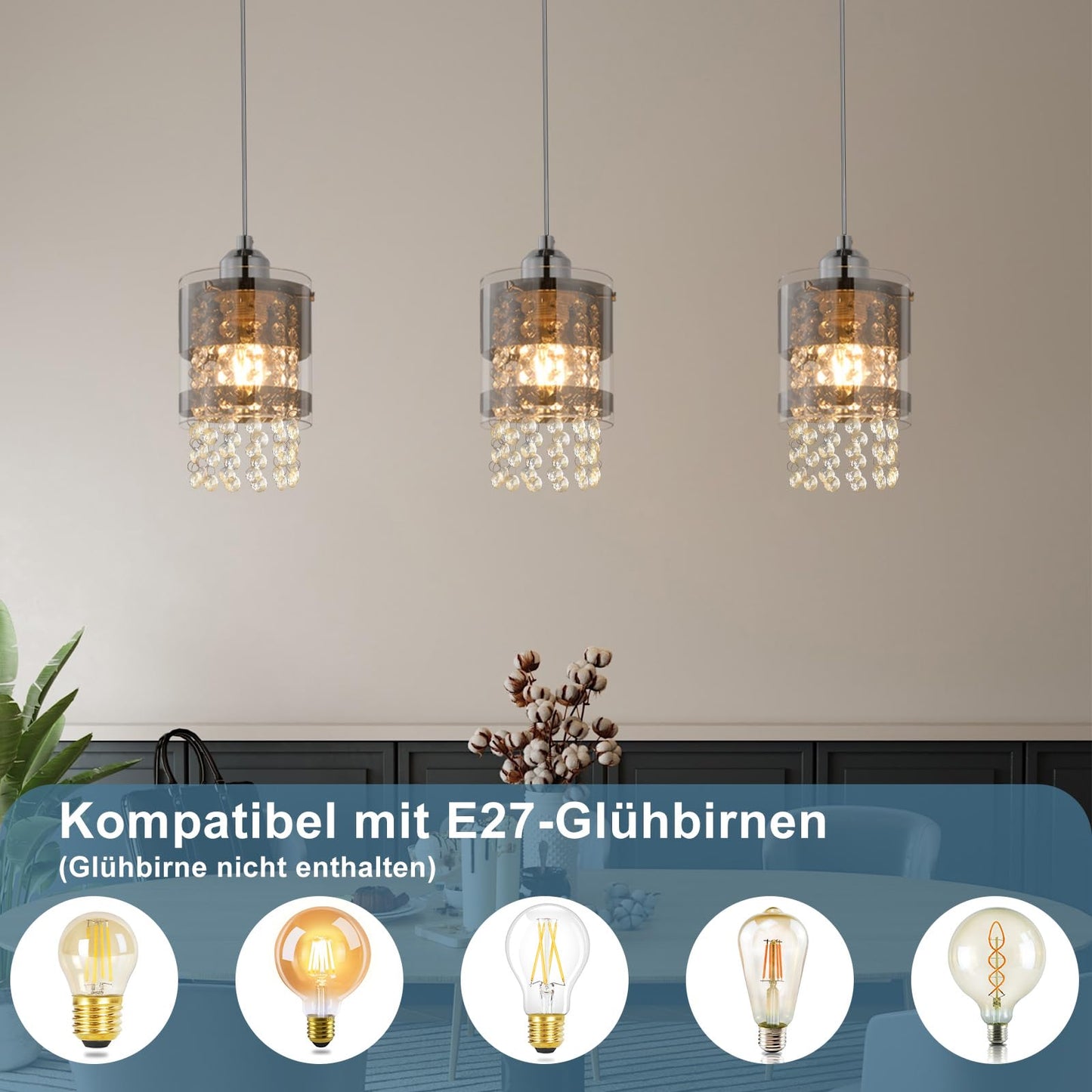 ZMH Pendelleuchte Modern Esstisch Hängelampe: 3 Flammig E27 Glas Hängeleuchte 150CM Max Höhenverstellbar Design Kristall Pendellampe für Wohnzimmer Schlafzimmer Küche Esszimmer Ohne Leuchtmittel