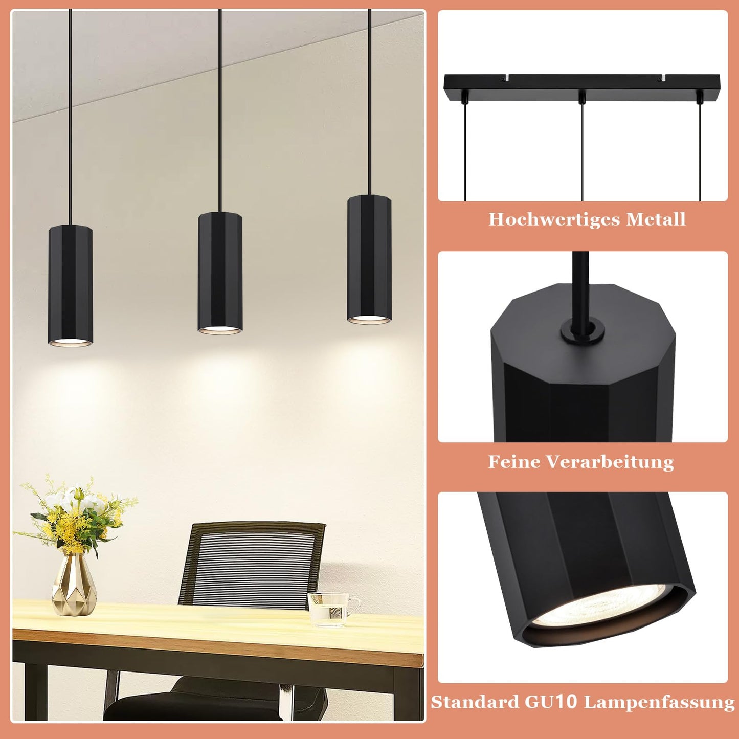 ZMH Hängelampe 3 Flammig Esstisch Schwarz - Pendelleuchte GU10 Wohnzimmer Modern Industrial Esszimmerlampe Hängend Metall Hängeleuchte für Innen Küche Schlafzimmer Esszimmer