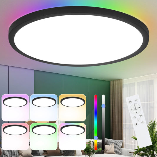 ZMH LED Deckenleuchte Flach Deckenlampe Wohnzimmer - 36W Wohnzimmerlampe Dimmbar mit Fernbedienung RGB Farbwechsel Lampe Schlafzimmer Rund Schwarz Rund IP44 Deckenlampe Badezimme