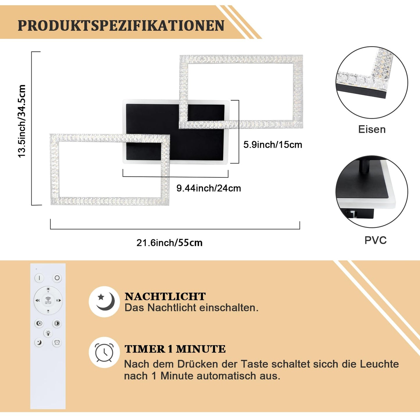 ZMH LED Deckenleuchte Deckenlampe : Schwarz Schlafzimmerlampe 46W Dimmbar Modern Wohnzimmerlampe mit Fernbedienung eckig Deckenbeleuchtung Küchenlampe für Büro Flur