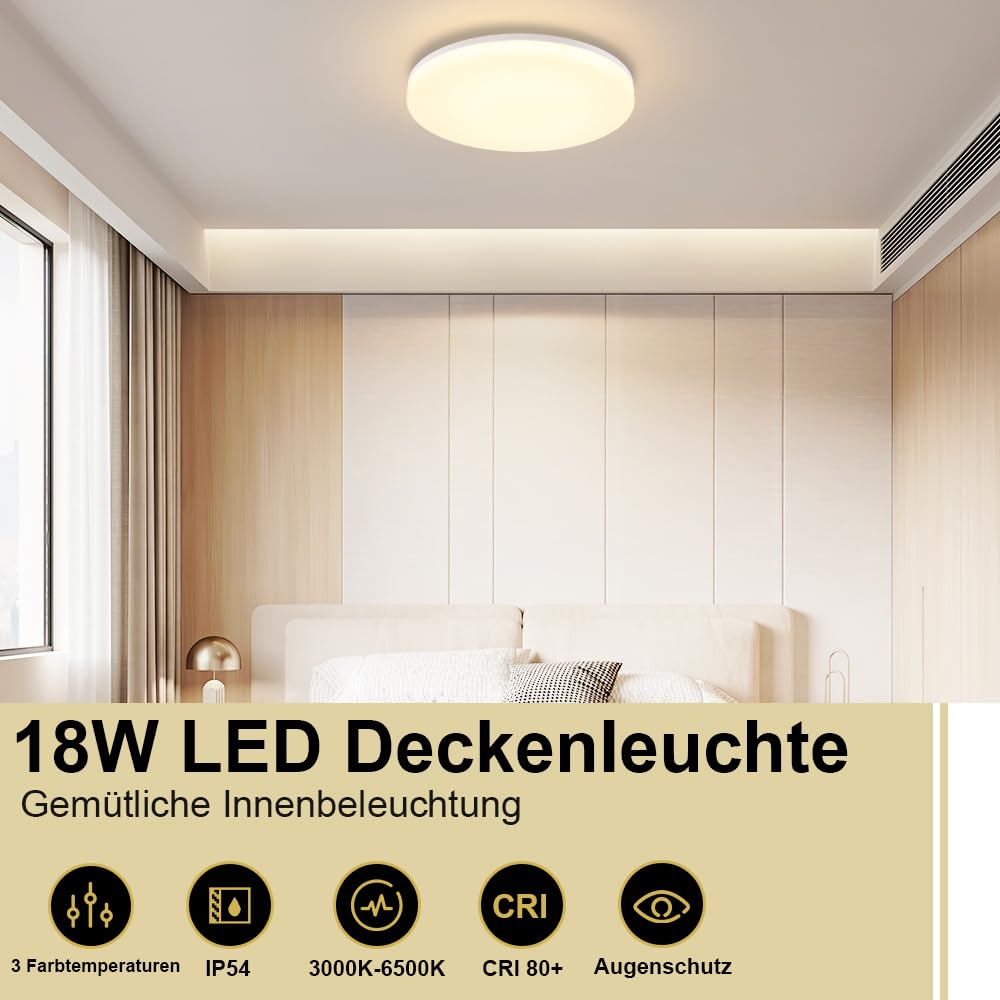 ZMH Deckenlampe LED Deckenleuchte Flach - Küchenlampe Dimmbar 18W Schlafzimmerlampe Ø22CM Schlafzimmer Deckenbeleuchtung Rund Badlampe mit Fernbedienung IP54 Flurlampe für Küche Flur Badezimmer