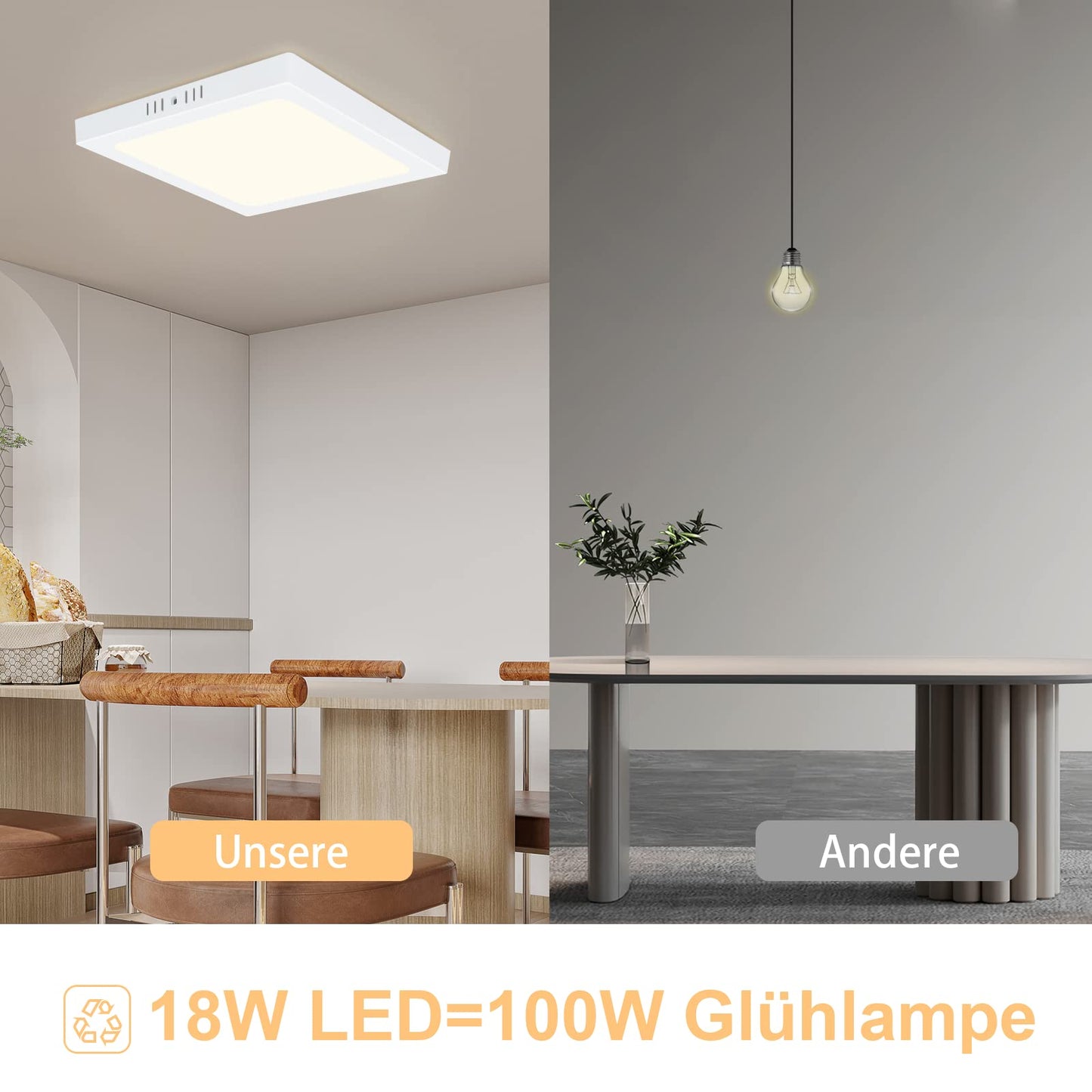 ZMH LED Deckenleuchte Flach Badezimmer 18W - Deckenlampe 4000K IP44 Schlafzimmerlampe Modern Ø23CM Eckig LED Lampe Weiß Neutralweiß Wasserfest für Flur Küche Büro Wohnzimmer