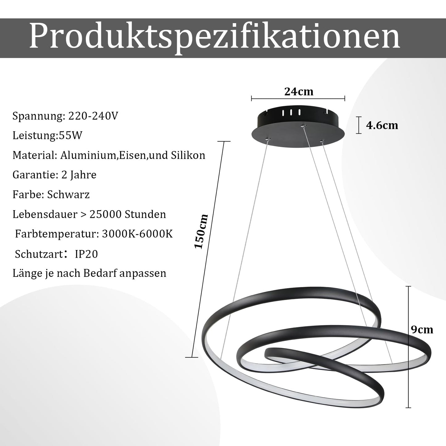 ZMH Hängelampe Esstisch Pendelleuchte Schwarz - LED Esstischlampe 55W Hängeleuchte Dimmbar 50CM Esszimmerlampe Modern Pendellampe mit Fernbedienung Wohnzimmerlampe Hängend für Wohnzimmer Schlafzimmer