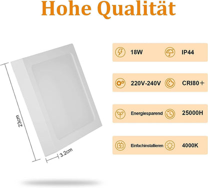 ZMH LED Deckenleuchte Flach Badezimmer 18W - Deckenlampe 4000K IP44 Schlafzimmerlampe Modern Ø23CM Eckig LED Lampe Weiß Neutralweiß Wasserfest für Flur Küche Büro Wohnzimmer