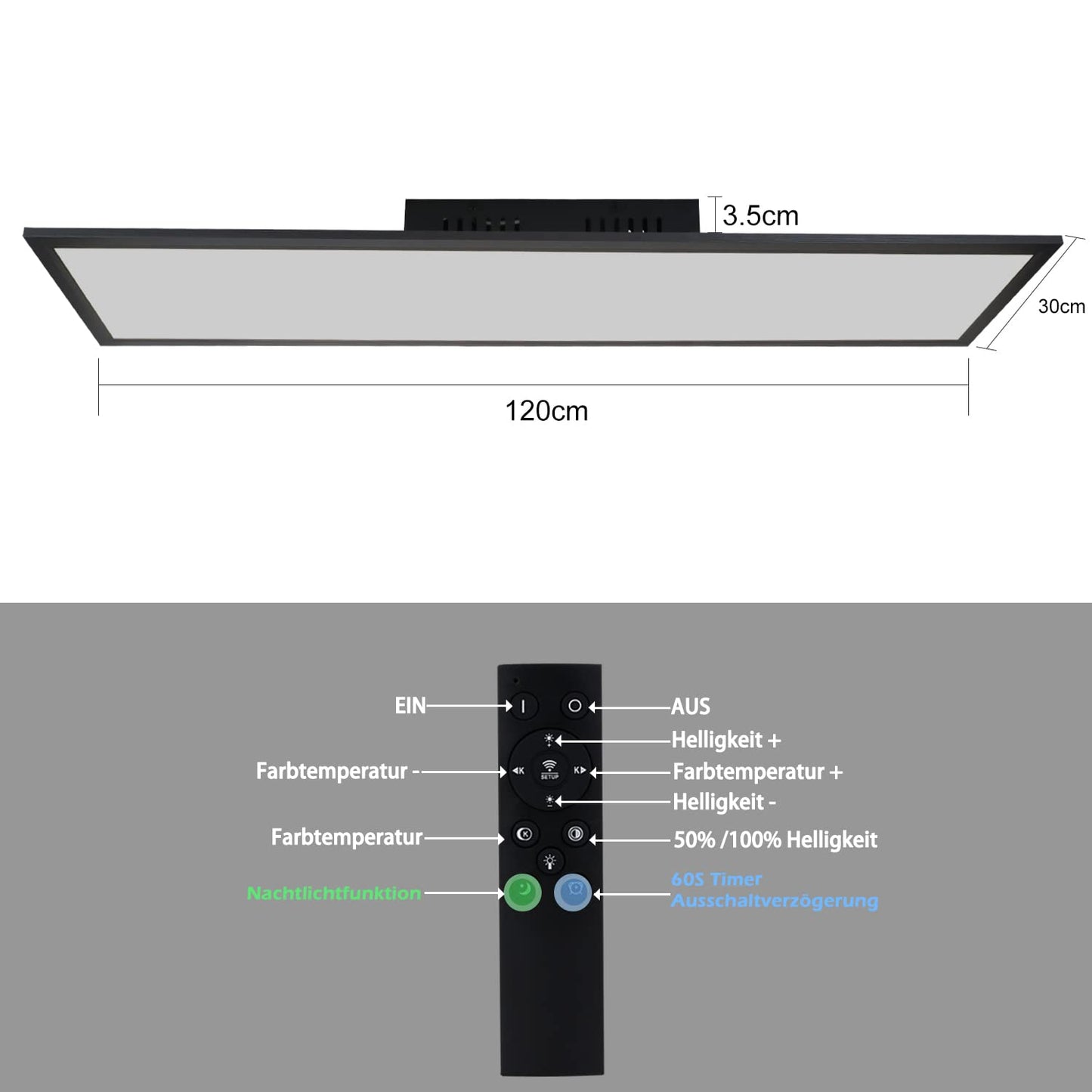 ZMH LED Panel Schwarz Deckenleuchte Dimmbar - 120x30CM Deckenlampe Flach Büro mit Fernbedienung Wohnzimmerlampe 48W Küchenlampe Deckenpanel Modern Weiß Büroleuchte für Küche Schlafzimmer Flur