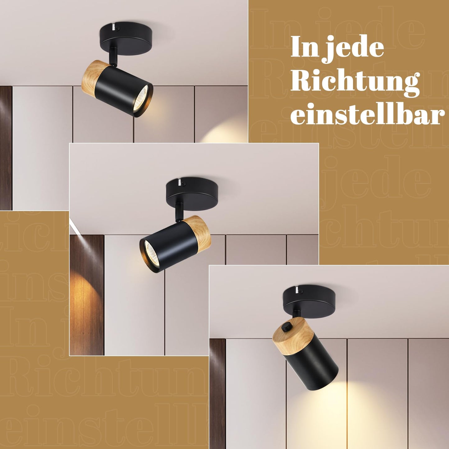 ZMH Deckenstrahler Holz Deckenleuchte 1 Flammig - Deckenspots GU10 Schwenkbar 330° LED Flurlampe Schwarz Vintage Deckenlampe Innen für Gang Flur Wohnzimmer Schlafzimmer Küche Ohne Leuchtmittel